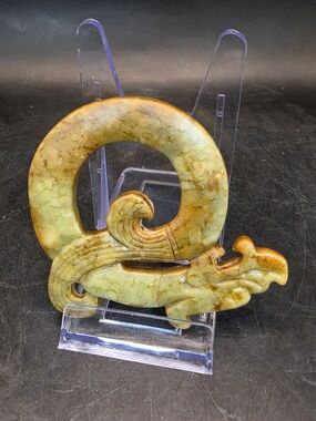 Carved Green and Brown Jade Dragon Ring Large Pendant
